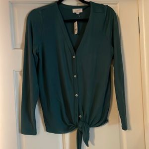Loft outlet green button, with tie bottom sweater